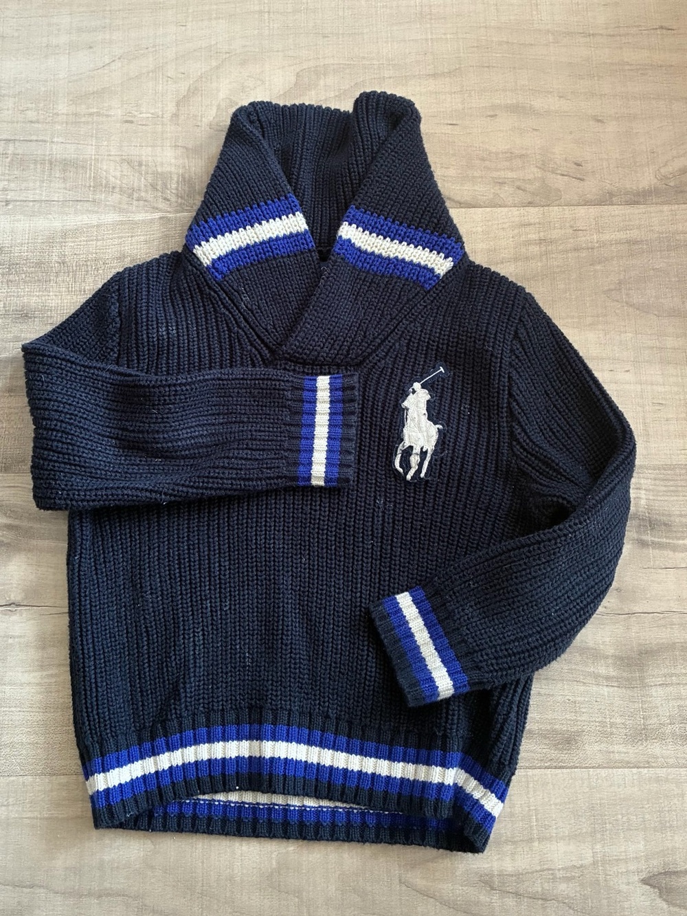 Polo by Ralph Lauren Navy V-Neck Shawl Sweater with White Pony & Blue-White Trim